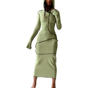 LuFeng Women's Sexy Long Sleeve Bodycon Solid Hoodie Patchwork High Waist Long Dress