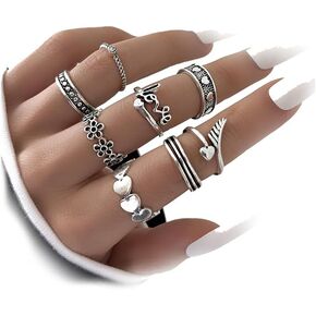 Chmier 8 Pcs Boho Retro Silver Midi Rings Set Flower Band Joint Rings Love Heart Cupid's Arrow Stackable Rings for Women