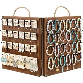 MOOCA Wooden Foldable and Portable 2 Panel Pegboard Jewelry Display Organizer with 48 Removable Black Hooks & Convenient Rope Handle for Easy Carrying, Dual-Sided Panels for Hanging, Brown Color