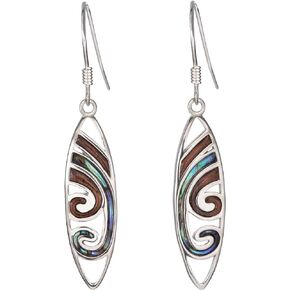 925 Sterling Silver Koa Wood and Abalone Shell Hawaiian Mauka to Makai Surfboard Dangle Hook Earrings, Nickel Free Hypoallergenic for Sensitive Skin, Gift Box Included