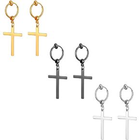 Cupimatch 3 Pairs Cross Dangle Drop Earrings, Stainless Steel Clip On Non Piercing Huggie Hinged Hoop Earrings Set Vintage Jewelry Gifts for Women Men