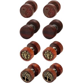 Aroncent Wood Fake Gauges Earrings: Tree of Life Wooden Earrings Cheater Fake Plugs Screw Stud Fake Earrings for Men Women