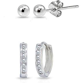 Sterling Silver Tiny Small CZ Huggie Hoops, 3mm Ball Stud & CZ Stud Earrings, Choice of Sets and Metals