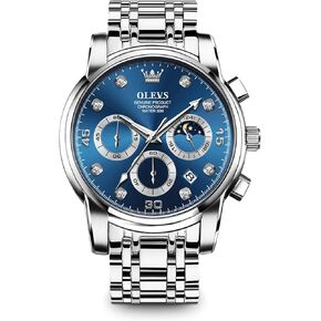 OLEVS Men's Chronograph Watch, Big Face Multi-Functional Easy to Read Stainless Steel Analog Quartz Watch with Date, Luxury Waterproof Luminous Moon Phases Diamond Dial Dress Watch for Men