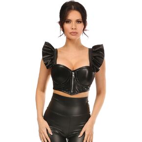 Daisy corsets Womens Lavish Black Faux Leather Underwire Bustier Top W/Removable Ruffle SleevesCorset