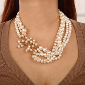 Wiwpar 1920s MultiLayer Gatsby Pearl Necklace with Brooch Faux Pearls Necklace Set Vintage Bridal Pearl Necklace Earrings Jewelry Set