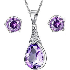 Uloveido Elegant Purple Crystal Wedding Engagement Jewelry Set for Bridal Women Anniversary Birthday Charm Anniversary Necklace and Studs Earrings Jewelry Set for Women Girls WHT37