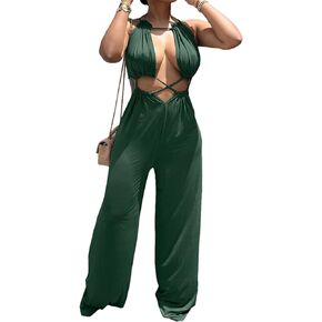 Womens Sexy Sleeveless Lace Up Solid Bodycon Wide Leg Party Clubwear Jumpsuit Rompers