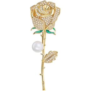 Elegant Rose Flower Brooch Pin for Women Girls Sparkling Rhinestone CZ Pearl Floral Lapel Pins Collar Corsages Scarf Clips Wedding Pin Brooches Accessory for Dress Clothing Hat Coat with Gift Box