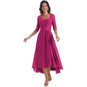 POMUYOO Women's A Line Chiffon Lace Mother of The Bride Dress Long Formal Evening Gown with Sleeves YG061