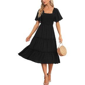 Women's Casual Summer Dress 2024 Square Neck Flutter Sleeve Smocked Tiered Midi Dress Swiss Dot Boho Flowy Dresses