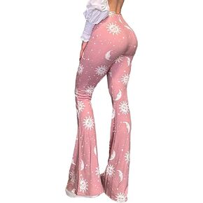 Floerns Women's Sun and Moon Print Bell Bottom Elastic Waist Flare Skinny Pants