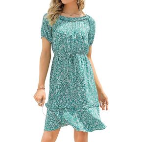 Women's Off The Shoulder Dresses Ruffle Trim Neck Puffy Sleeve Boho Floral A-Line Fall Wedding Guest Party Dress