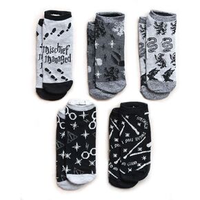 Harry Potter Adult Ankle Socks, 5 Pack Set Black+Gray, Sizes 4-10