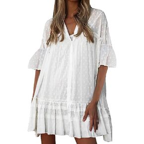Womens Swiss dot V Neck Swimsuit Coverup See Through Button Down Bathing Suit Beach Dress Sexy Bikini Cover Up in Kuwait