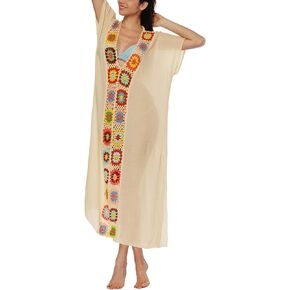 Lu's Chic Women's Crochet Swimsuit Cover Up Caftan V Neck Short Sleeve Beach Kaftan Coverups