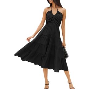 DEEP SELF Women's Summer Halter Smocked Midi Dress Sleevelesss V Neck Ruffle Tiered Swing Flowy A Line Beach Sundress