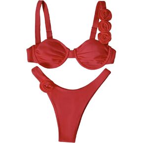 OYOANGLE Women's 2 Piece Swimsuits 3D Floral Appliques Sleeveless Underwire Low Rise High Cut Bikini Sets