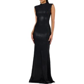 فستان Zebaexf نسائي من جلد البولي يوريثان بدون أكمام ورقبة على شكل قارب طويل ماكسي للحفلات in Kuwait