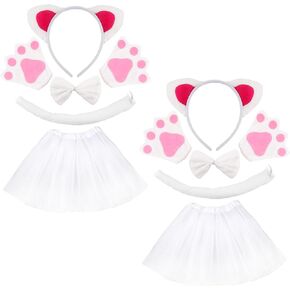Cotiny 10 Pieces Kids Cat Costume White Cat Cosplay Cat Ear Headband Tail Bowtie Paws and Tutu for Halloween Dress Up Party Supplies