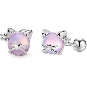 Lovely Heart Cat Earrings 925 Sterling Silver CZ Tiny Kitten Animal Stud Earrings for Women Girls Hypoallergenic Cute Round Pink Moonstone Cartilage Tragus Ball Back Barbell Ear Helix Conch Rook Piercing Jewelry Gifts