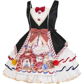 Mingyuezai Cute Circus Troupe Print Band Sleeveless JSK Princess Halloween Christmas Weekend Party Costume Dress Two-Piece