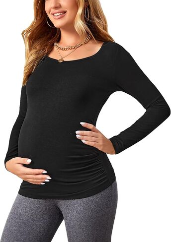 MakeMeChic Women's Maternity Tops Ruched Round Neck Long Sleeve Pregnancy Basic T Shirt in Saudi Arabia
