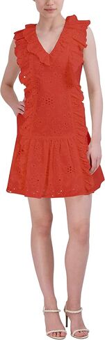 BCBGMAXAZRIA Women's V Neck Sleeveless Ruffled Eyelet Dress in Saudi Arabia