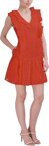 BCBGMAXAZRIA Women's V Neck Sleeveless Ruffled Eyelet Dress in Saudi Arabia
