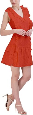BCBGMAXAZRIA Women's V Neck Sleeveless Ruffled Eyelet Dress in Saudi Arabia