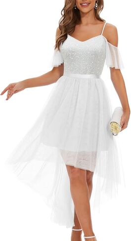 Women's Sequin Homecoming Prom Dress Cold Shoulder High Low Tulle Cocktail Dress for Evening Party in Kuwait