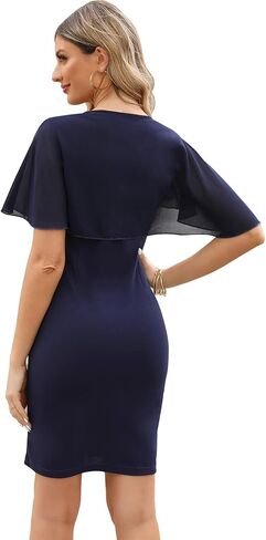 HELYO Women Chiffon Cape Overlay Dress Elegant Round Neck Evening Party Short Cocktail Bodycon Pencil Dress 891 in Saudi Arabia