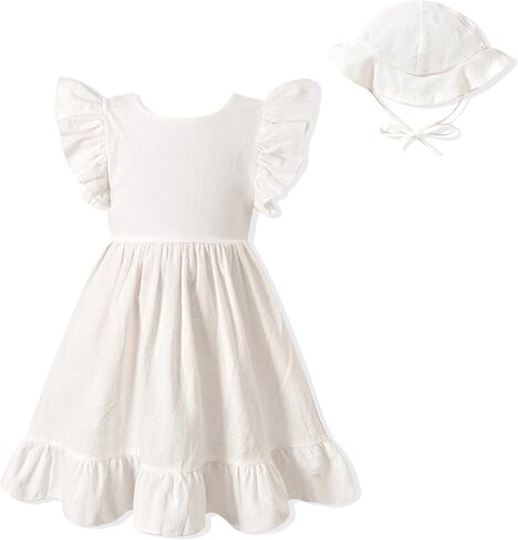fioukiay Toddler Girl Dress Cotton Linen Ruffle Sleeve Beach Dresses Kids Summer Sundress with Hat in Saudi Arabia