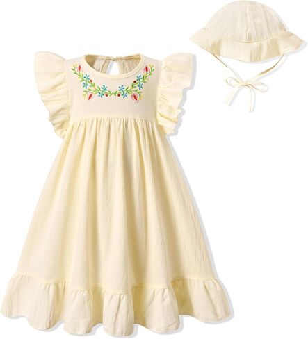 fioukiay Toddler Girl Dress Cotton Linen Ruffle Sleeve Beach Dresses Kids Summer Sundress with Hat in Saudi Arabia