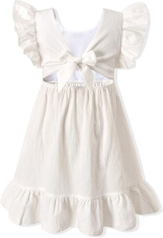 fioukiay Toddler Girl Dress Cotton Linen Ruffle Sleeve Beach Dresses Kids Summer Sundress with Hat in Saudi Arabia