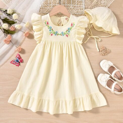fioukiay Toddler Girl Dress Cotton Linen Ruffle Sleeve Beach Dresses Kids Summer Sundress with Hat in Saudi Arabia
