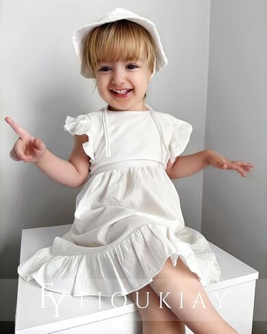 fioukiay Toddler Girl Dress Cotton Linen Ruffle Sleeve Beach Dresses Kids Summer Sundress with Hat in Saudi Arabia