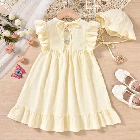 fioukiay Toddler Girl Dress Cotton Linen Ruffle Sleeve Beach Dresses Kids Summer Sundress with Hat in Saudi Arabia