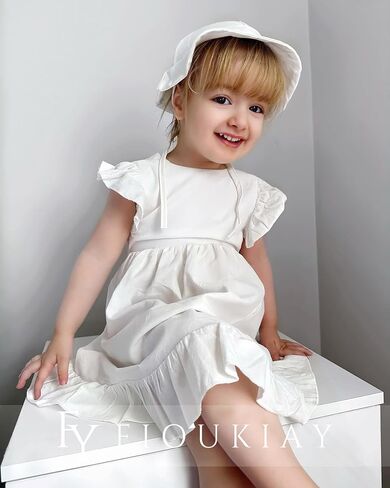 fioukiay Toddler Girl Dress Cotton Linen Ruffle Sleeve Beach Dresses Kids Summer Sundress with Hat in Saudi Arabia