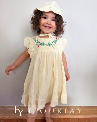 fioukiay Toddler Girl Dress Cotton Linen Ruffle Sleeve Beach Dresses Kids Summer Sundress with Hat in Saudi Arabia