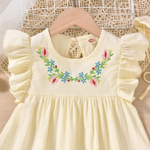 fioukiay Toddler Girl Dress Cotton Linen Ruffle Sleeve Beach Dresses Kids Summer Sundress with Hat in Saudi Arabia