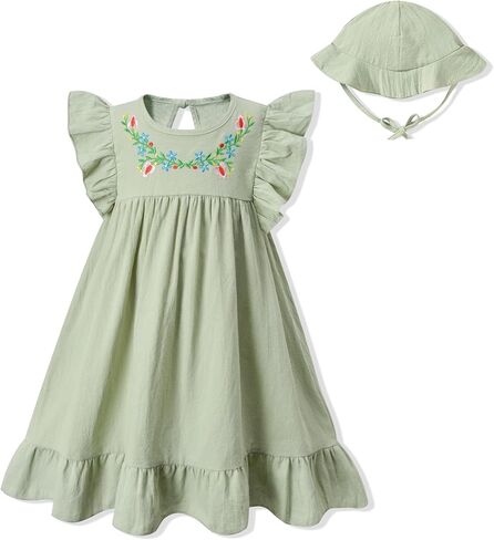 fioukiay Toddler Girl Dress Cotton Linen Ruffle Sleeve Beach Dresses Kids Summer Sundress with Hat in Saudi Arabia