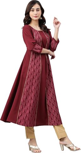Janasya Indian Women's Wine Poly Crepe Kurta For Women in Saudi Arabia