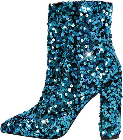 dollskiss Women's Sequin Pointed Toe Chunky Heel Ankle Boots in Saudi Arabia