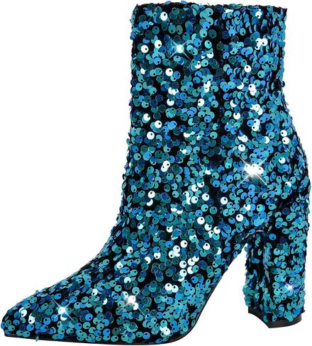 dollskiss Women's Sequin Pointed Toe Chunky Heel Ankle Boots in Saudi Arabia