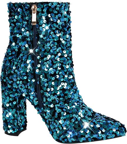 dollskiss Women's Sequin Pointed Toe Chunky Heel Ankle Boots in Saudi Arabia