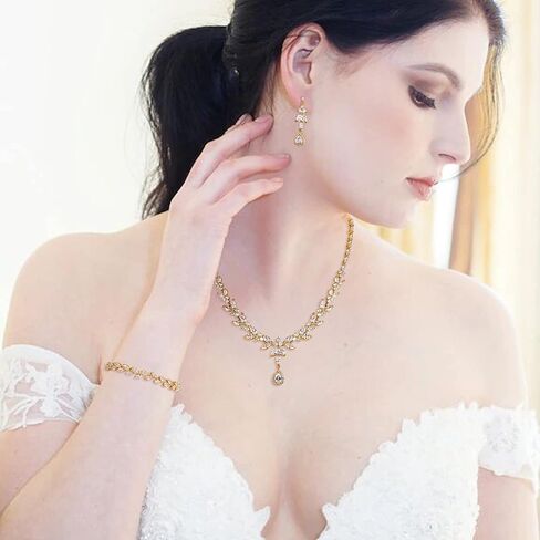 BriLove Wedding Teardrop CZ Pendant Necklace Leaf Dangle Earrings Jewelry Set for Women Bridal in Saudi Arabia
