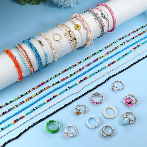 Sanfenly 28 قطعة للنساء مطرز بالخرز، قلادات بوهيمية من الخرز، سلسلة أساور، حزمة الصداقة، مجموعة خواتم لطيفة، مجموعة مجوهرات جمالية in Kuwait