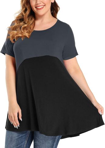 MONNURO Womens Short Sleeve Plus Size Tunic Tops Color Block Casual Loose Summer Swing Tee Shirts for Leggings in Saudi Arabia