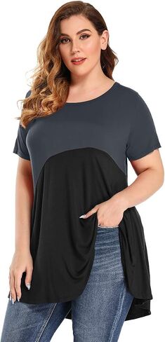 MONNURO Womens Short Sleeve Plus Size Tunic Tops Color Block Casual Loose Summer Swing Tee Shirts for Leggings in Saudi Arabia